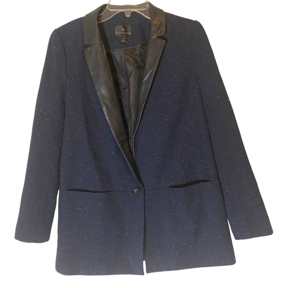 Worthington Navy Blue Tweed Blazer Faux Leather Lapel Small